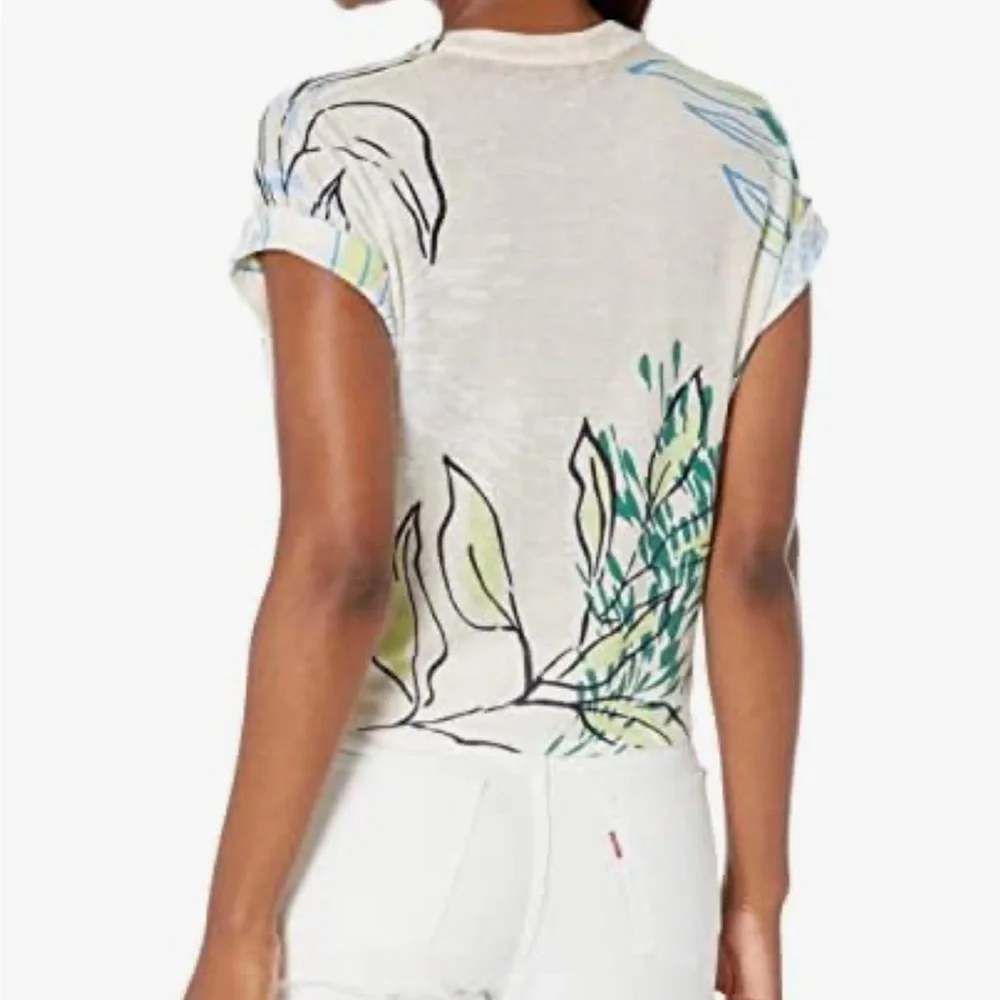 NIC+ZOE Cream/Green Waterfront Short Sleeve Button Tie Sweater Top Medium $128 - Picture 2 of 11
